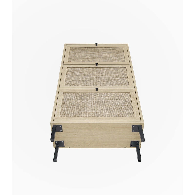 Natural Rattan Three-Door Flip Cabinet Shoe Storage Unit with Metal Base