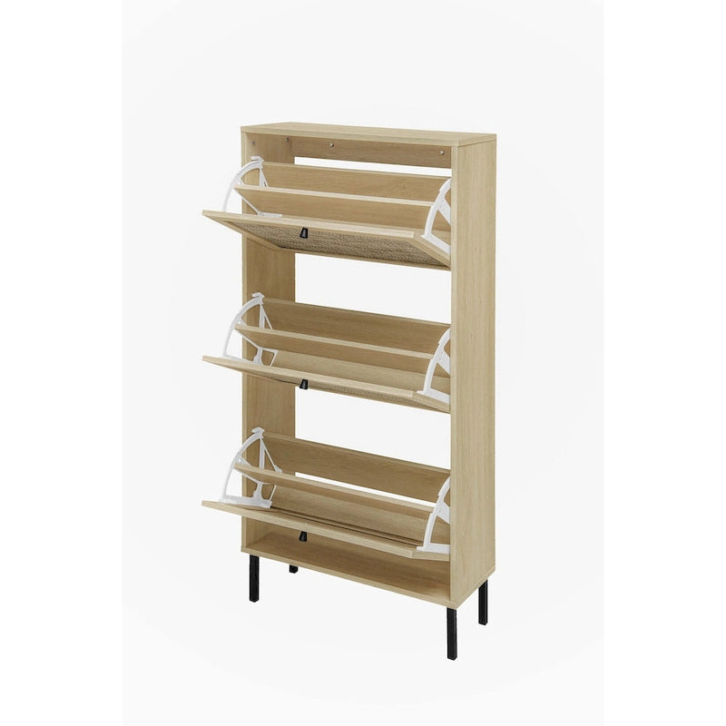 Natural Rattan Three-Door Flip Cabinet Shoe Storage Unit with Metal Base
