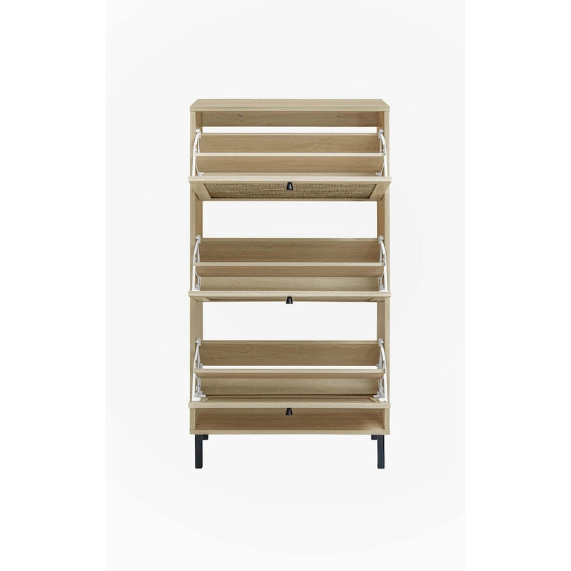 Natural Rattan Three-Door Flip Cabinet Shoe Storage Unit with Metal Base