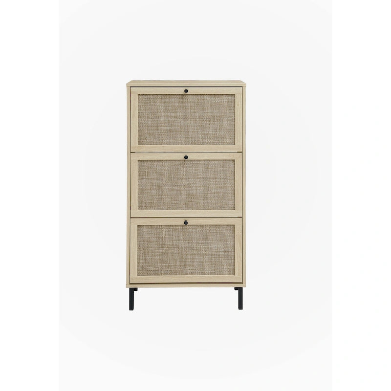Natural Rattan Three-Door Flip Cabinet Shoe Storage Unit with Metal Base