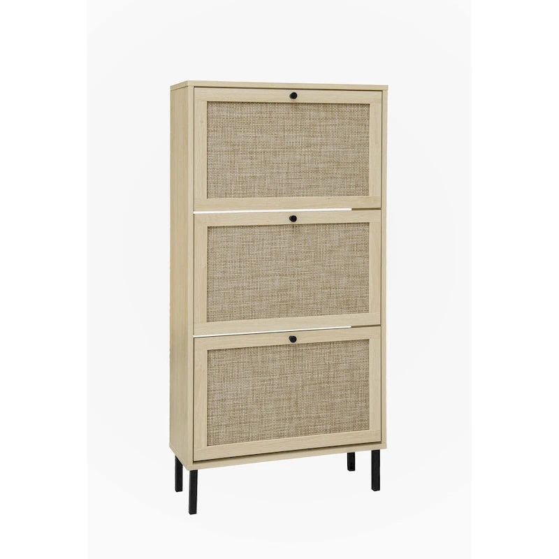 Natural Rattan Three-Door Flip Cabinet Shoe Storage Unit with Metal Base