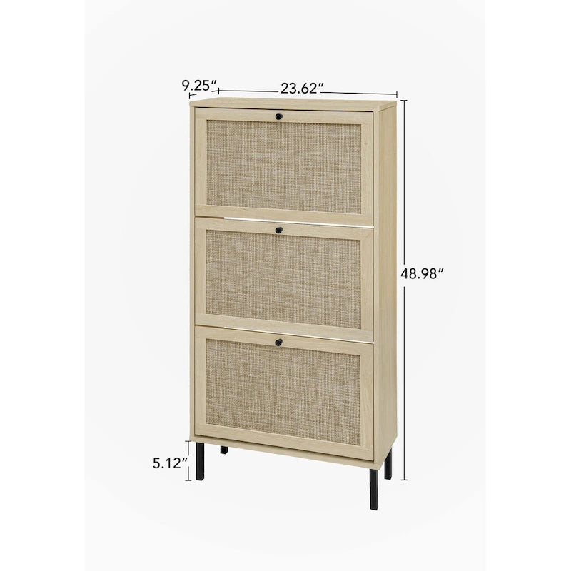 Natural Rattan Three-Door Flip Cabinet Shoe Storage Unit with Metal Base
