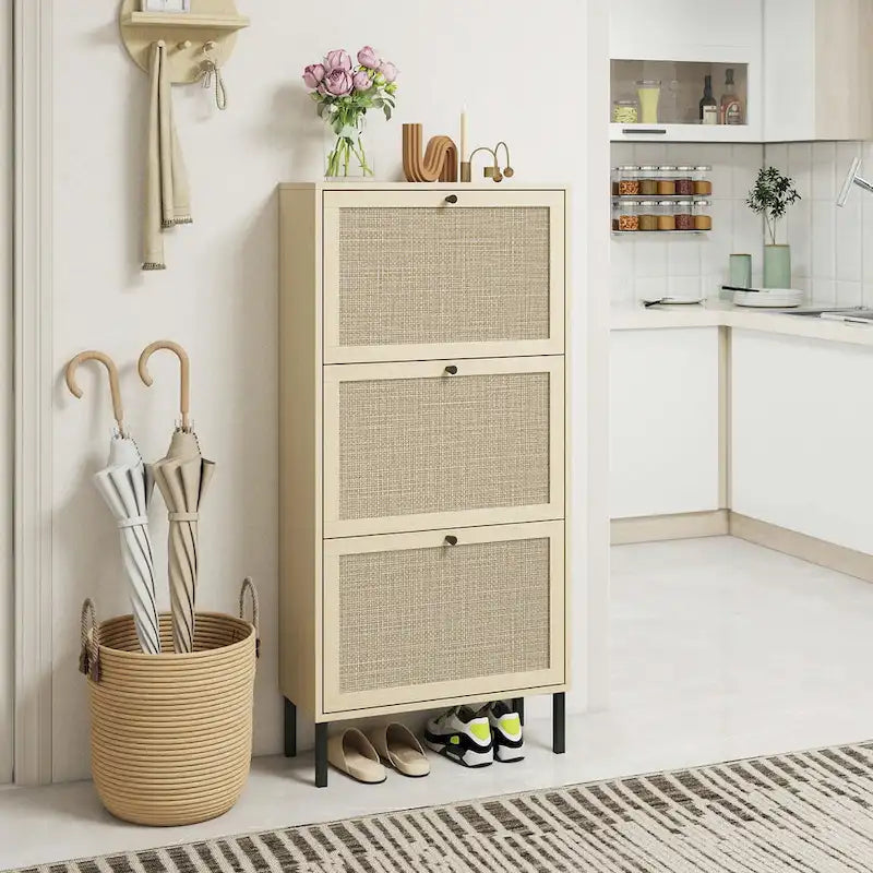Natural Rattan Three-Door Flip Cabinet Shoe Storage Unit with Metal Base