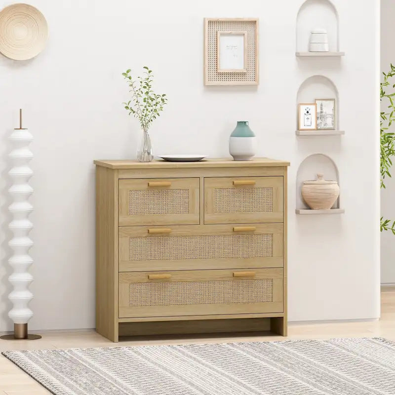 4-Drawer Natural Rattan Dresser Storage Chest Wood Cabinet Natural Color
