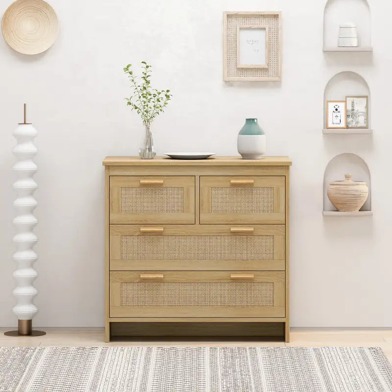 4-Drawer Natural Rattan Dresser Storage Chest Wood Cabinet Natural Color