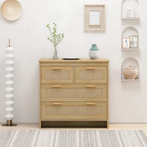 Commode de rangement à 4 tiroirs en rotin naturel, meuble en bois couleur naturelle