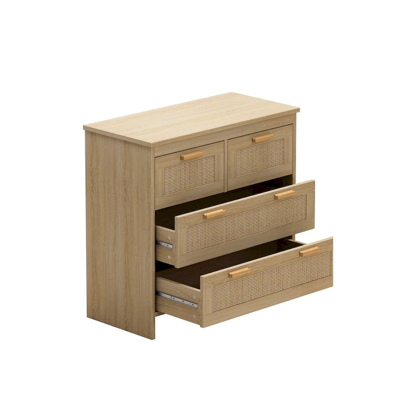 4-Drawer Natural Rattan Dresser Storage Chest Wood Cabinet Natural Color