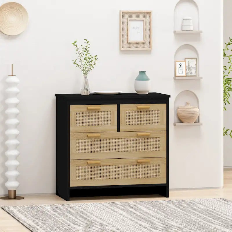 4-Drawer Natural Rattan Dresser Storage Chest Wood Cabinet Natural Color