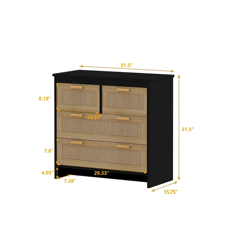 4-Drawer Natural Rattan Dresser Storage Chest Wood Cabinet Natural Color