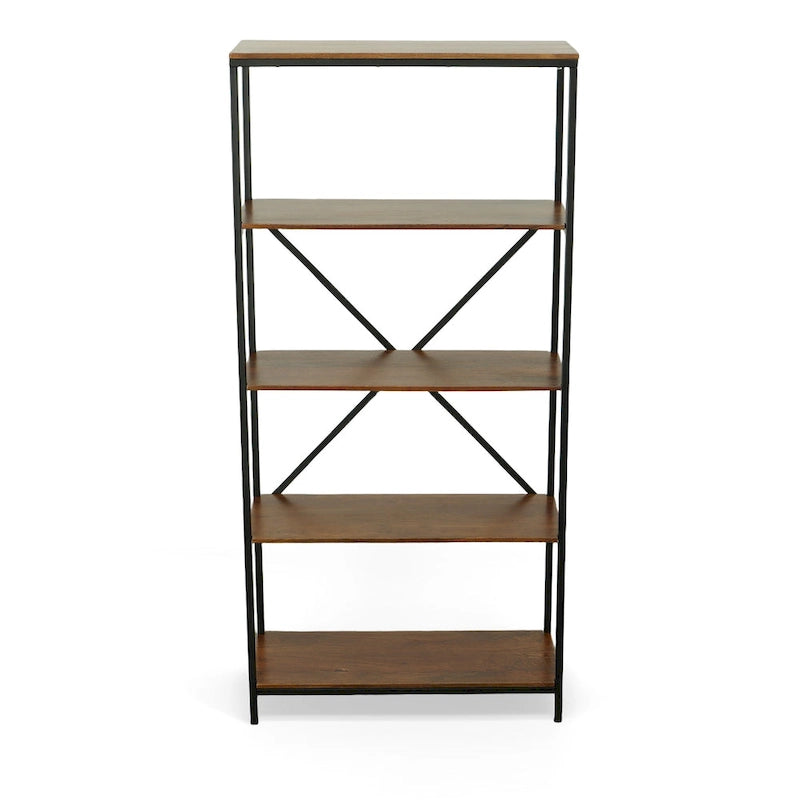 5-Shelf Industrial Rustic Tall Bookcase Mango Wood Black Metal Frame
