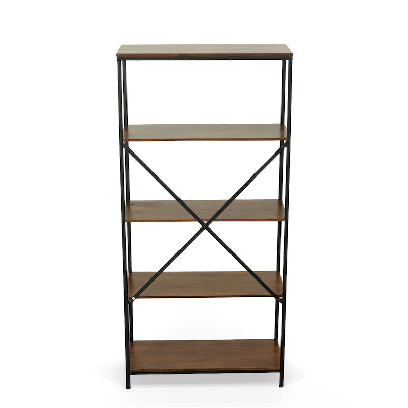 5-Shelf Industrial Rustic Tall Bookcase Mango Wood Black Metal Frame