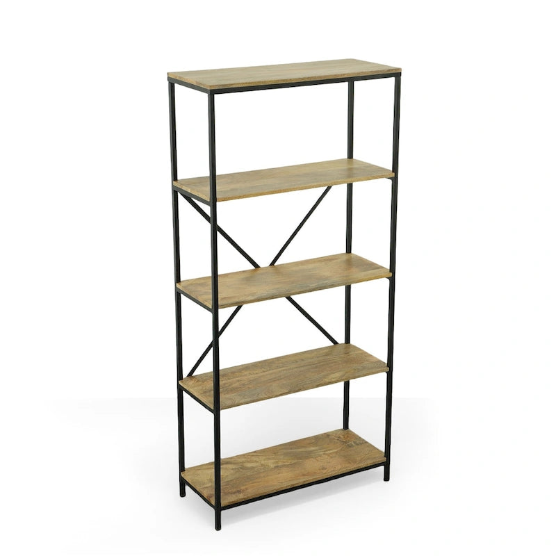 5-Shelf Industrial Rustic Tall Bookcase Mango Wood Black Metal Frame