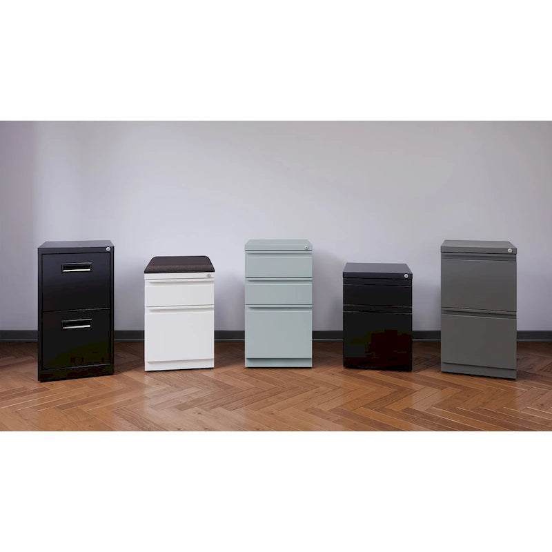 Mobile Pedestal Box File Cabinet with Padded Seat Cushion White Black Natural