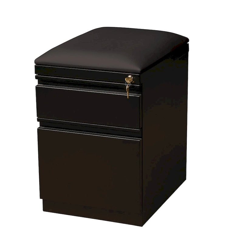 Mobile Pedestal Box File Cabinet with Padded Seat Cushion White Black Natural