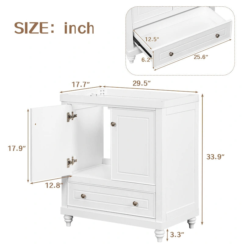 30-Inch White Freestanding Bathroom Vanity Cabinet with Double Doors and Drawer