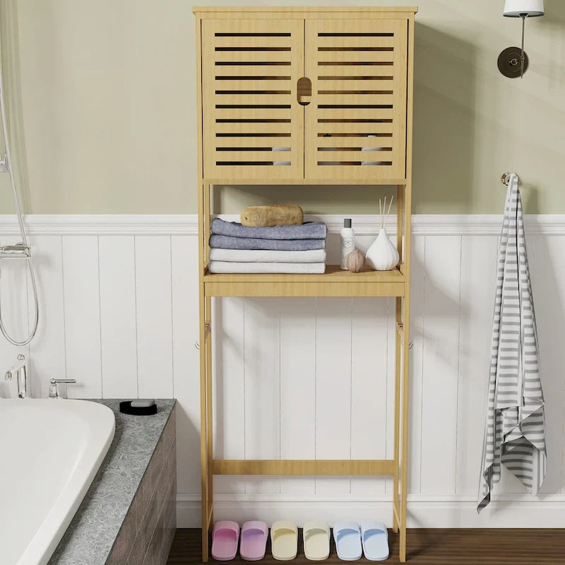 Bamboo Over-Toilet Storage Rack with Cabinet and Open Shelves Brown