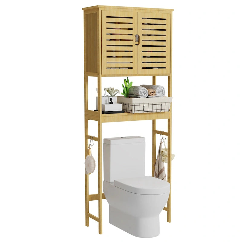 Bamboo Over-Toilet Storage Rack with Cabinet and Open Shelves Brown