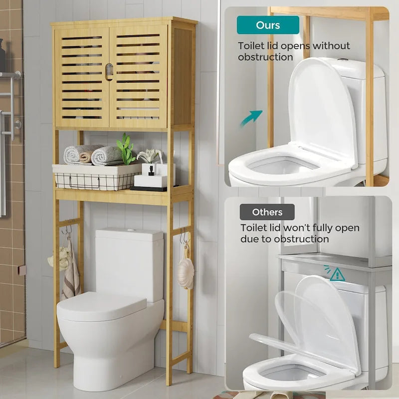 Bamboo Over-Toilet Storage Rack with Cabinet and Open Shelves Brown
