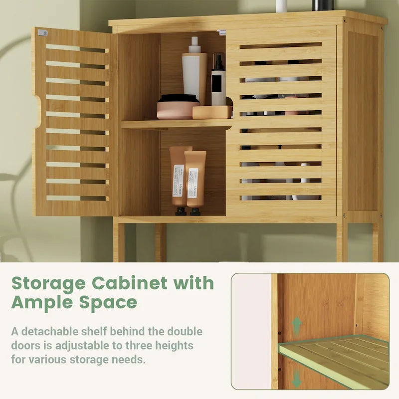 Bamboo Over-Toilet Storage Rack with Cabinet and Open Shelves Brown