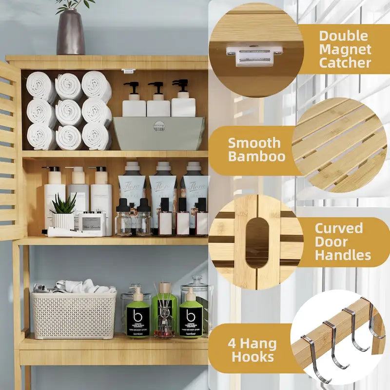 Bamboo Over-Toilet Storage Rack with Cabinet and Open Shelves Brown
