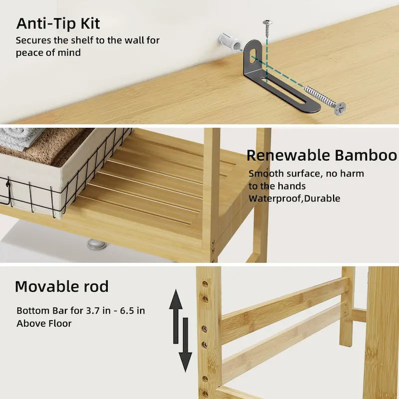 Bamboo Over-Toilet Storage Rack with Cabinet and Open Shelves Brown
