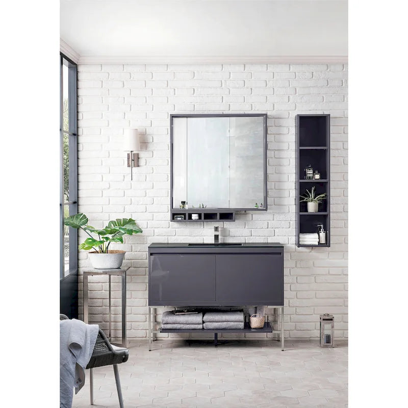 Tall Bathroom Storage Cabinet with Three Shelves Modern Gray White Walnut