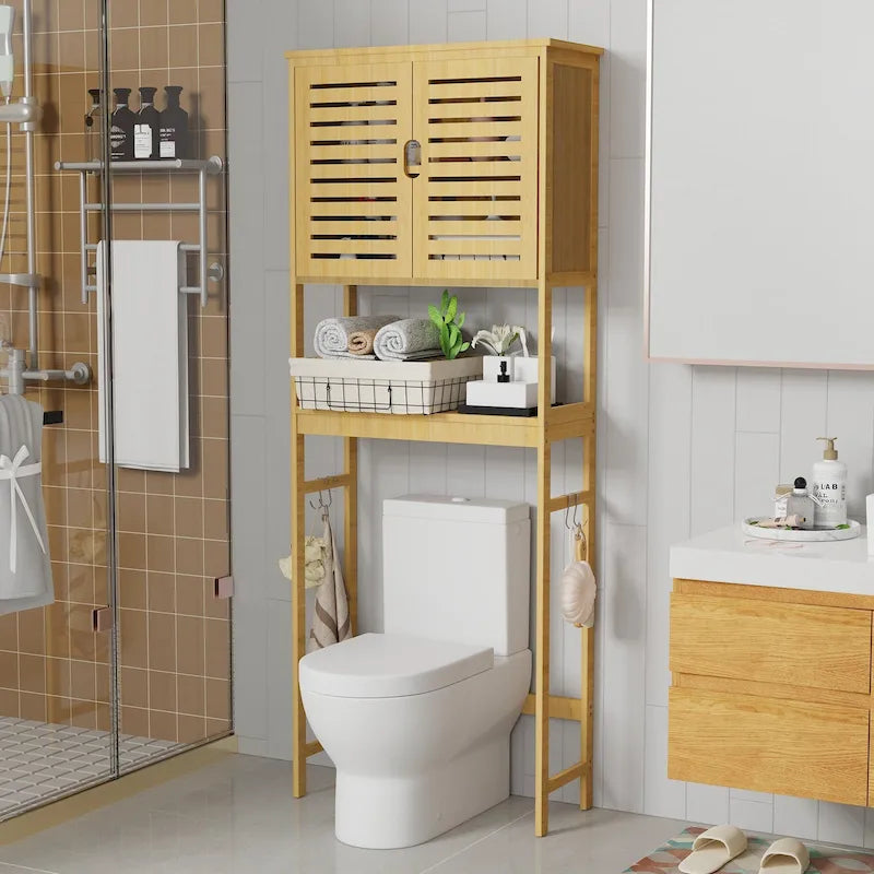 Bamboo Over-Toilet Storage Cabinet Natural Wood Freestanding Organizer Dual Doors Open Shelf Hooks