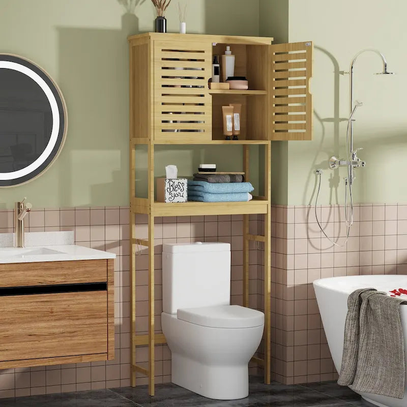 Bamboo Over-Toilet Storage Cabinet Natural Wood Freestanding Organizer Dual Doors Open Shelf Hooks