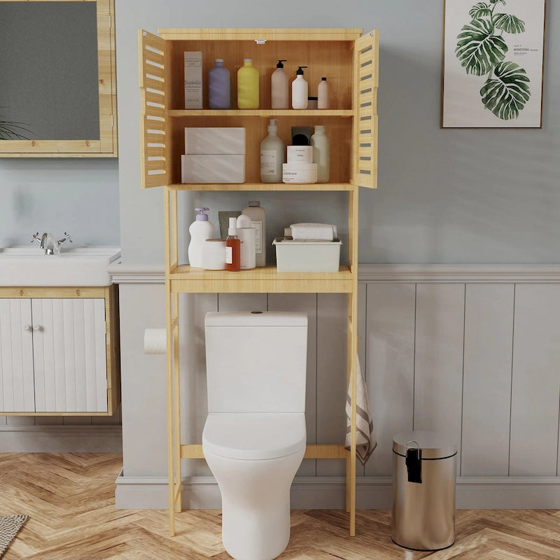 Bamboo Over-Toilet Storage Cabinet Natural Wood Freestanding Organizer Dual Doors Open Shelf Hooks