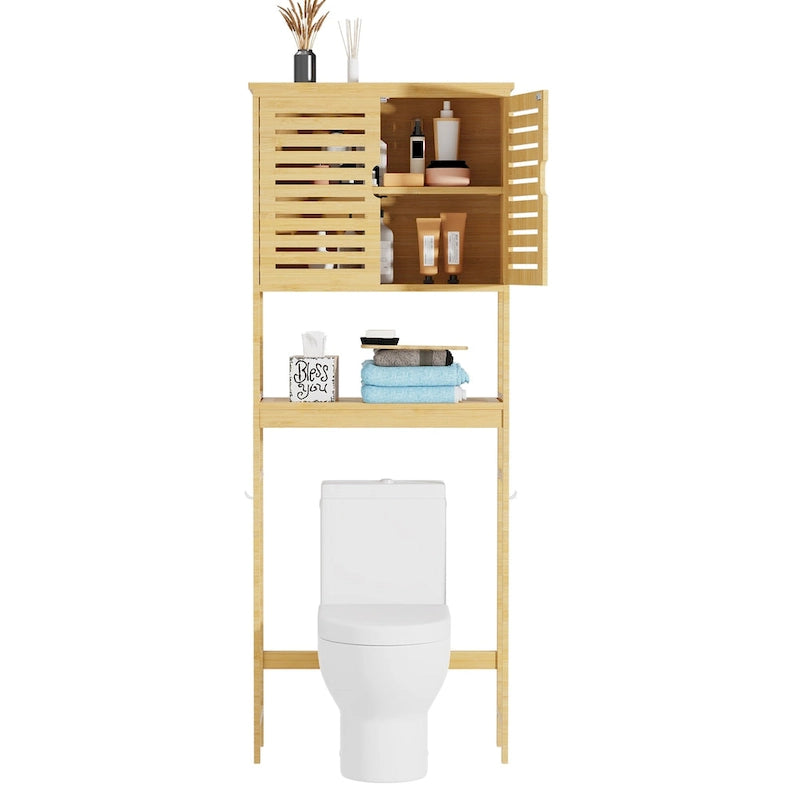 Bamboo Over-Toilet Storage Cabinet Natural Wood Freestanding Organizer Dual Doors Open Shelf Hooks