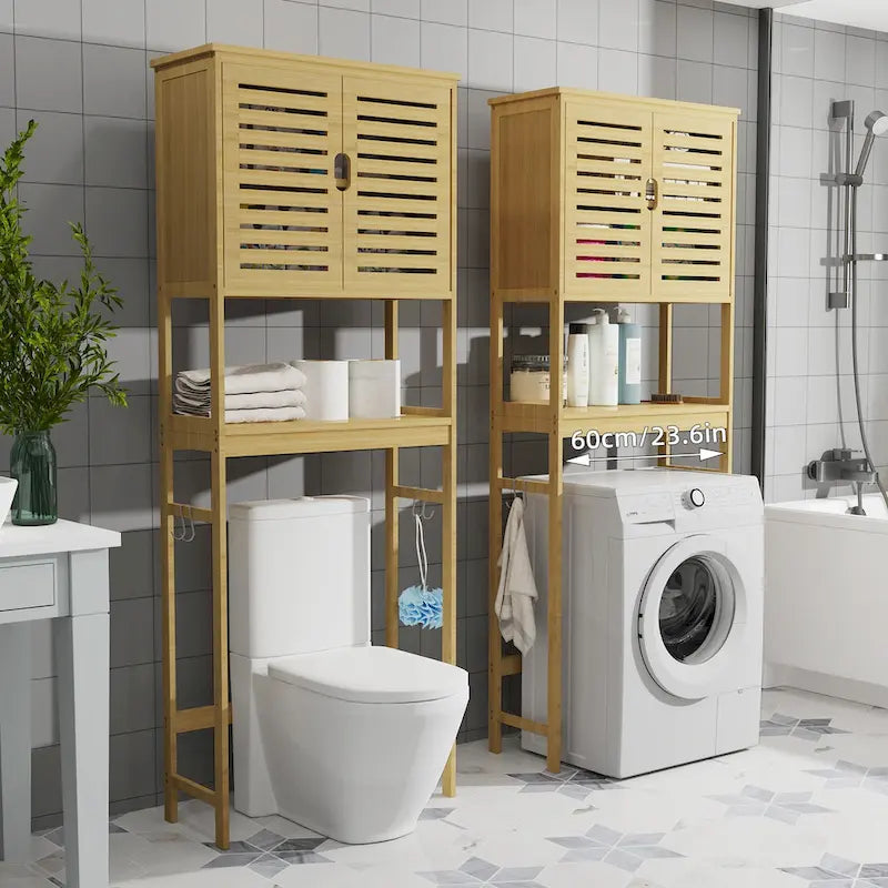 Bamboo Over-Toilet Storage Cabinet Natural Wood Freestanding Organizer Dual Doors Open Shelf Hooks