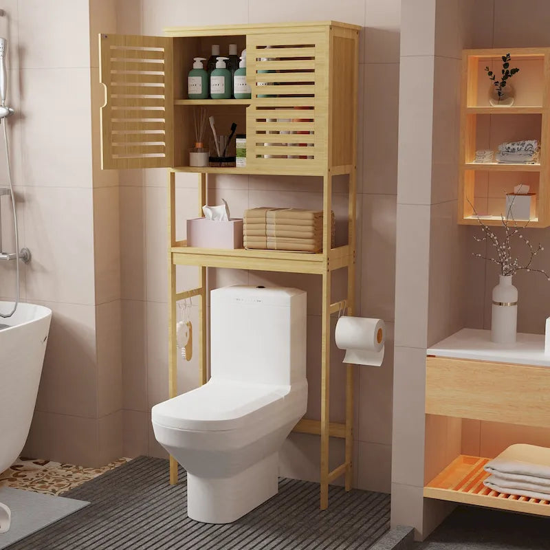 Bamboo Over-Toilet Storage Cabinet Natural Wood Freestanding Organizer Dual Doors Open Shelf Hooks