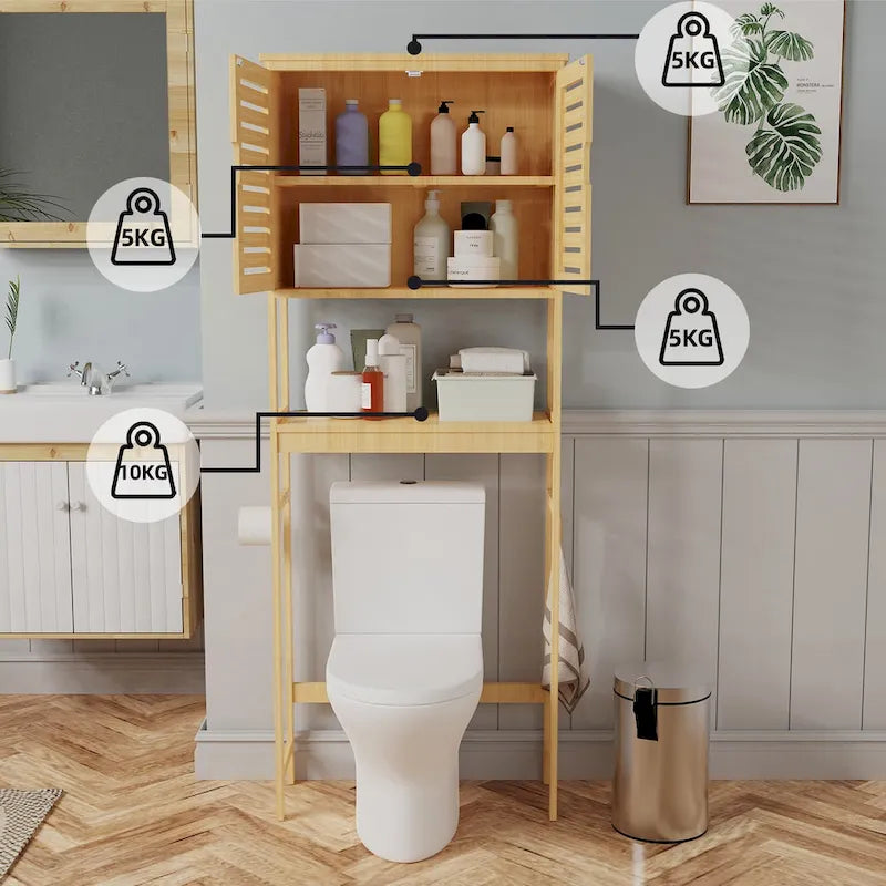 Bamboo Over-Toilet Storage Cabinet Natural Wood Freestanding Organizer Dual Doors Open Shelf Hooks