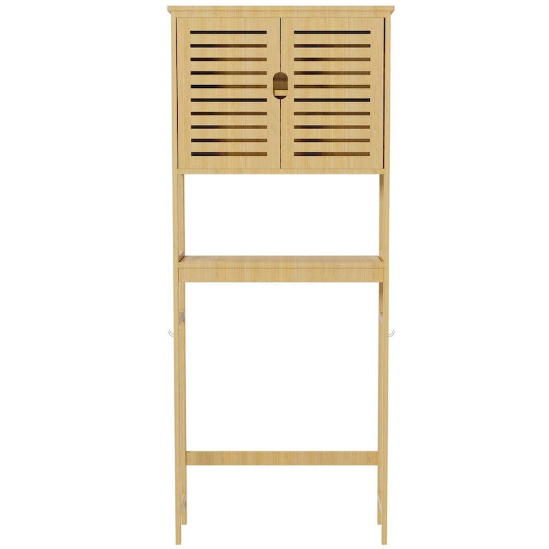 Bamboo Over-Toilet Storage Cabinet Natural Wood Freestanding Organizer Dual Doors Open Shelf Hooks
