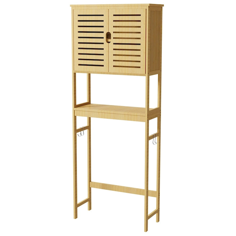 Bamboo Over-Toilet Storage Cabinet Natural Wood Freestanding Organizer Dual Doors Open Shelf Hooks