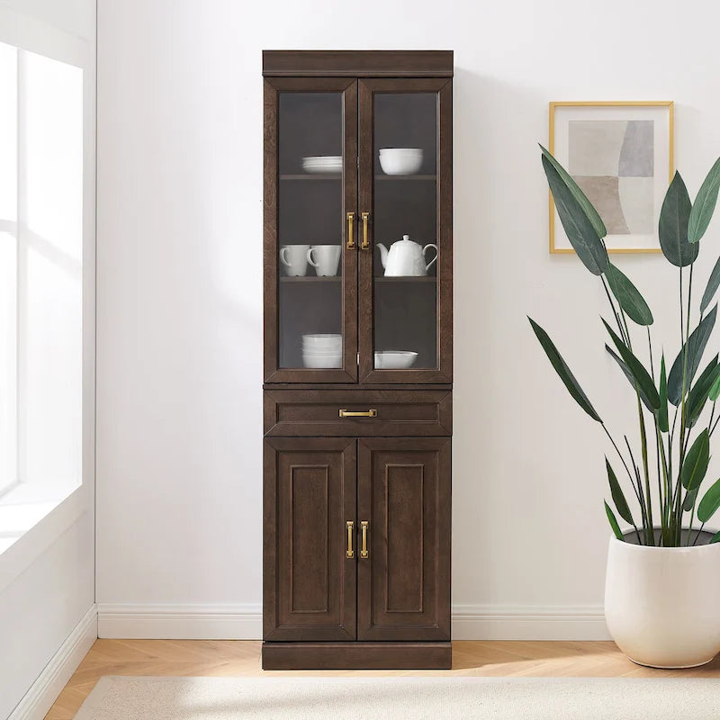 Glass Door Kitchen Storage Pantry Cabinet with Drawer Coffee Finish
