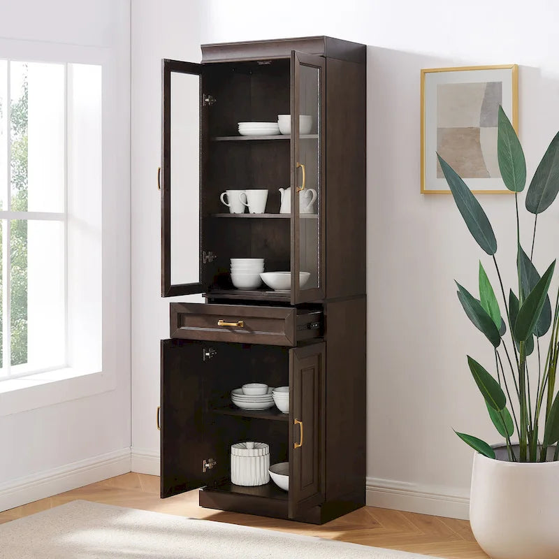 Glass Door Kitchen Storage Pantry Cabinet with Drawer Coffee Finish