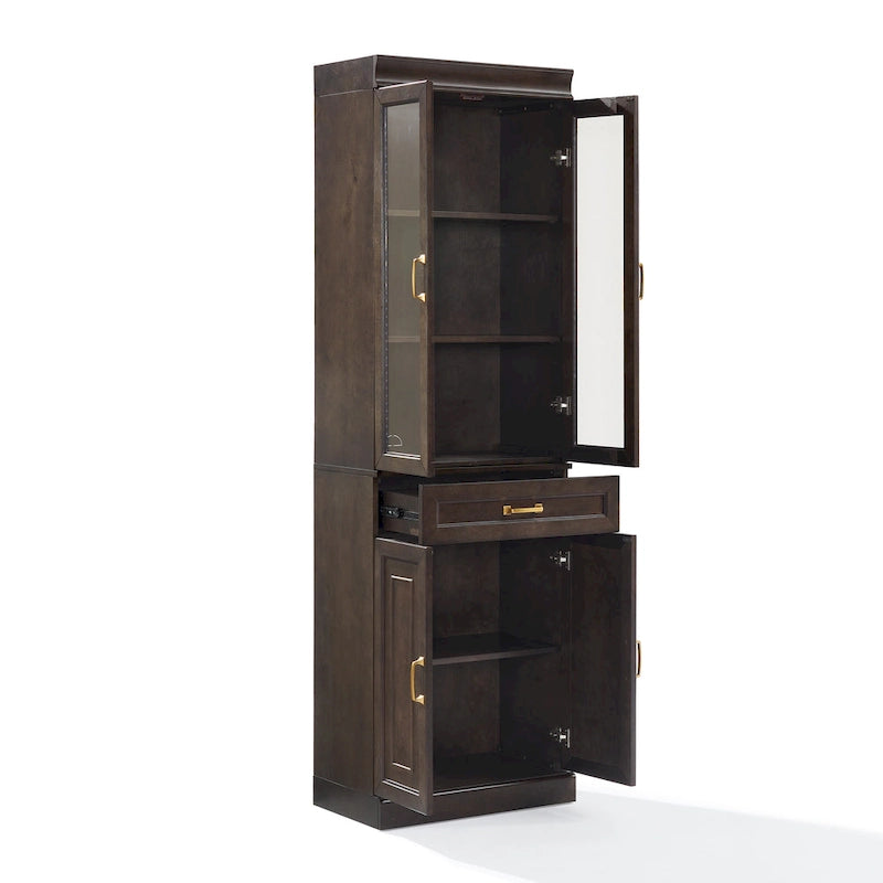Glass Door Kitchen Storage Pantry Cabinet with Drawer Coffee Finish