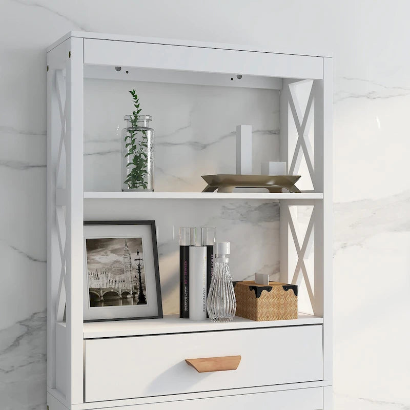 White Over-Toilet Storage Cabinet with Drawer and Open Shelves