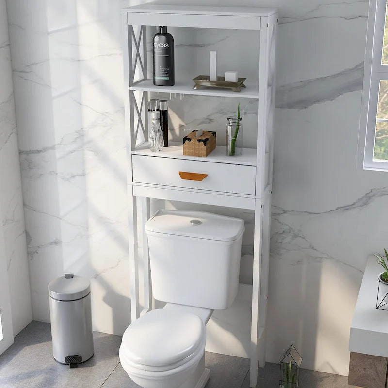 White Over-Toilet Storage Cabinet with Drawer and Open Shelves