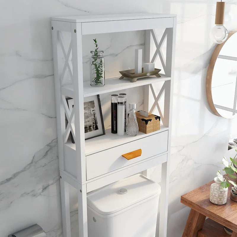 White Over-Toilet Storage Cabinet with Drawer and Open Shelves