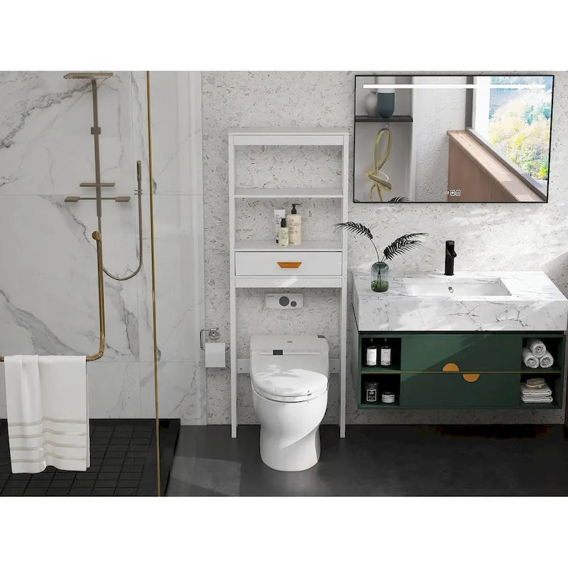 White Over-Toilet Storage Cabinet with Drawer and Open Shelves
