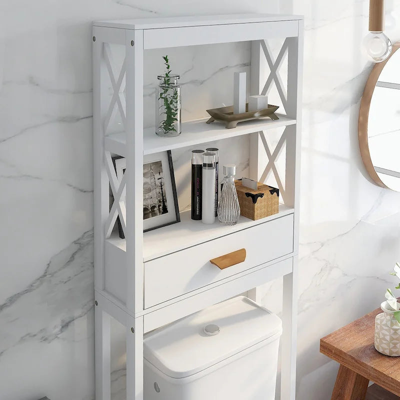 White Over-Toilet Storage Cabinet with Drawer and Open Shelves