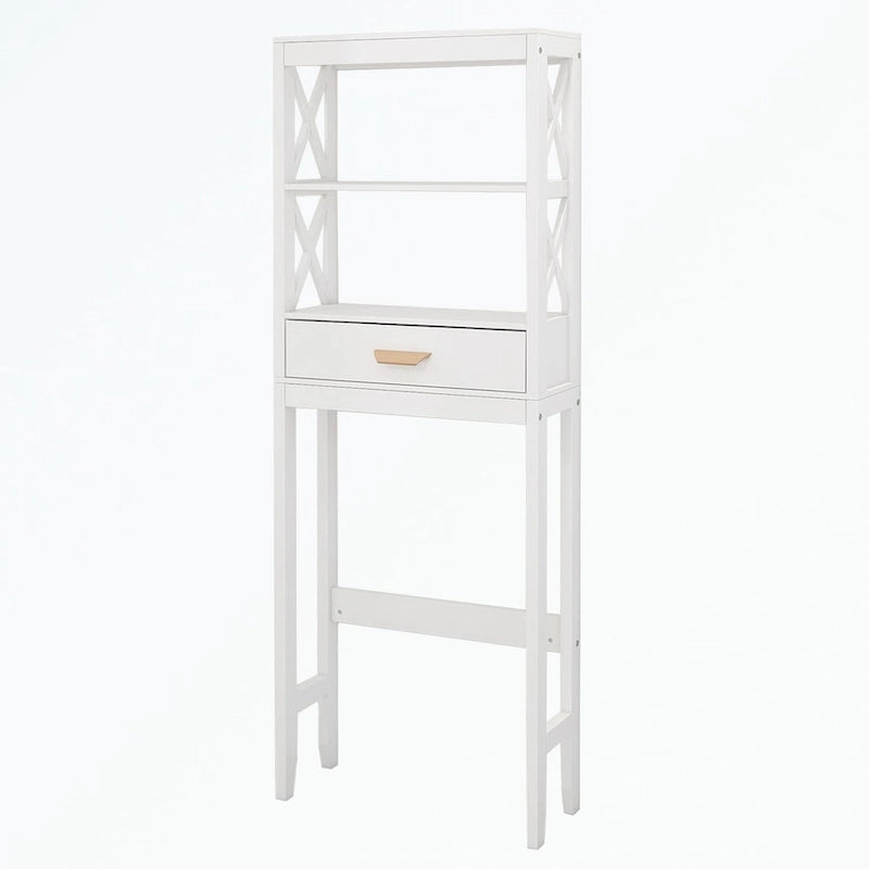 White Over-Toilet Storage Cabinet with Drawer and Open Shelves