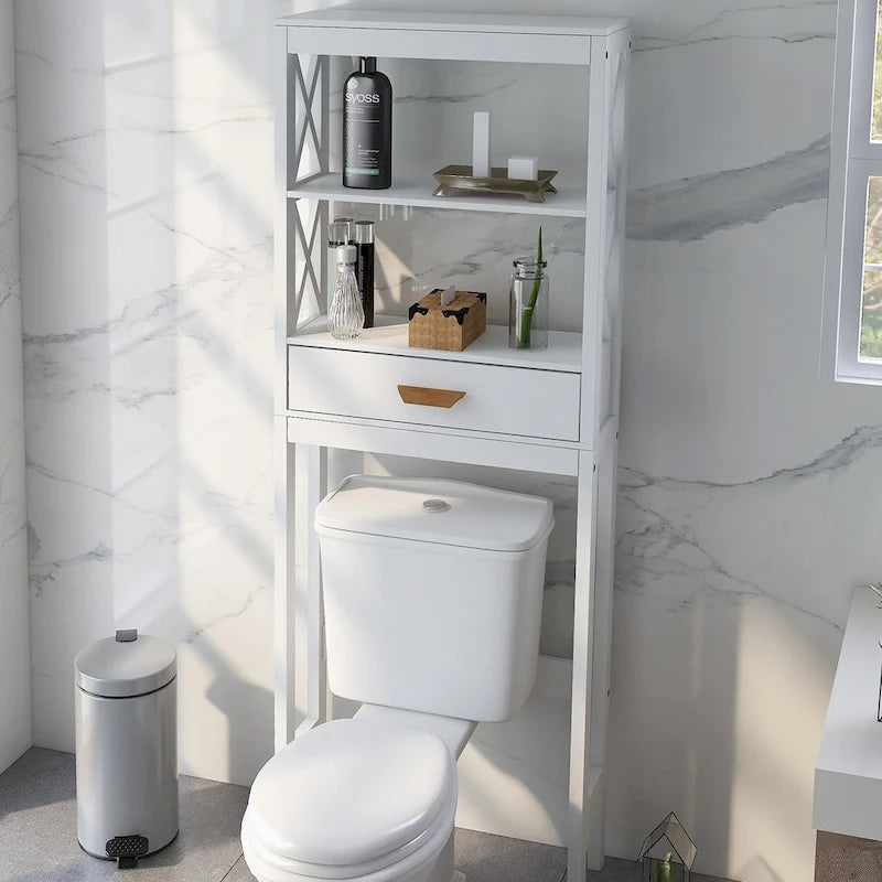 White Over-Toilet Storage Cabinet with Drawer and Open Shelves
