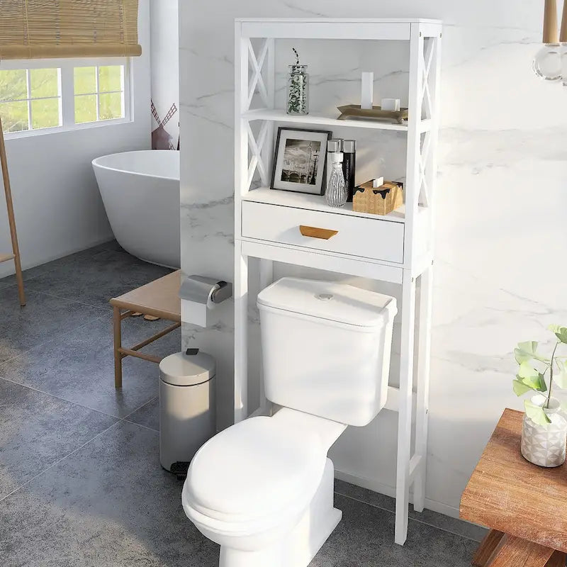 White Over-Toilet Storage Cabinet with Drawer and Open Shelves