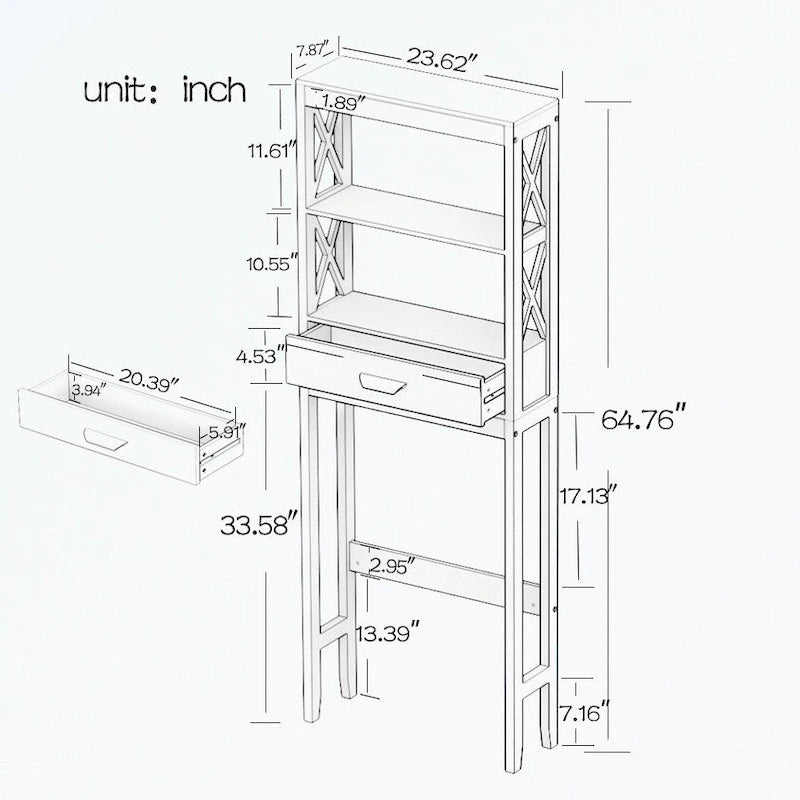 White Over-Toilet Storage Cabinet with Drawer and Open Shelves