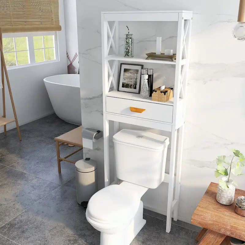 White Over-Toilet Storage Cabinet with Drawer and Open Shelves