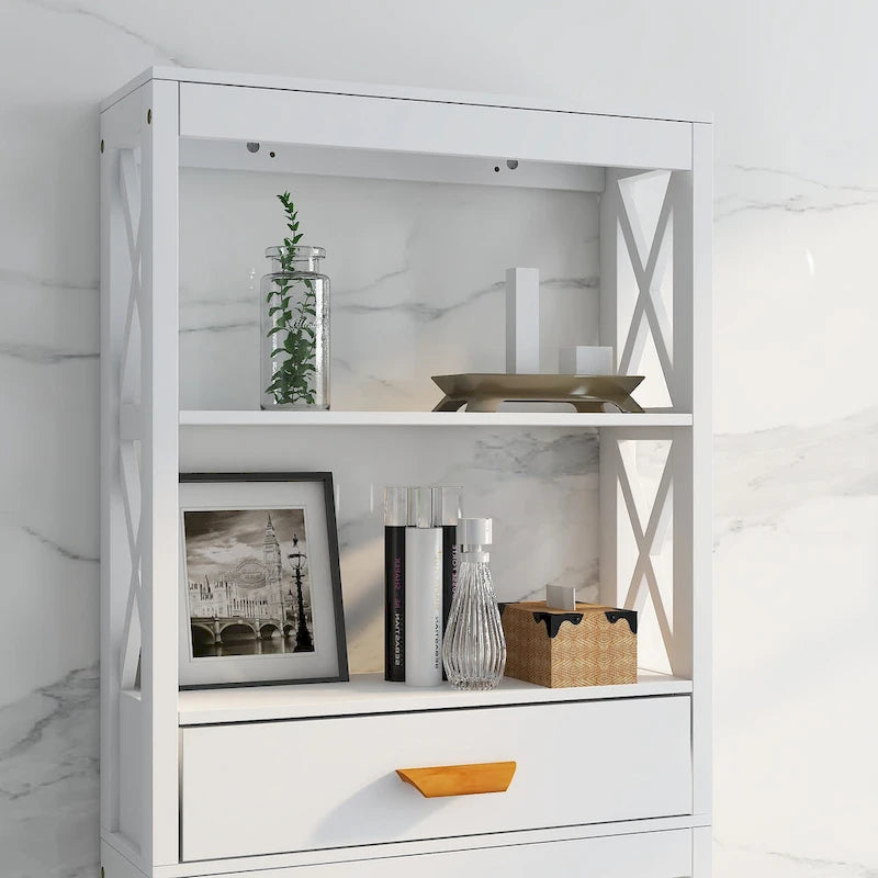 White Over-Toilet Storage Cabinet with Drawer and Open Shelves