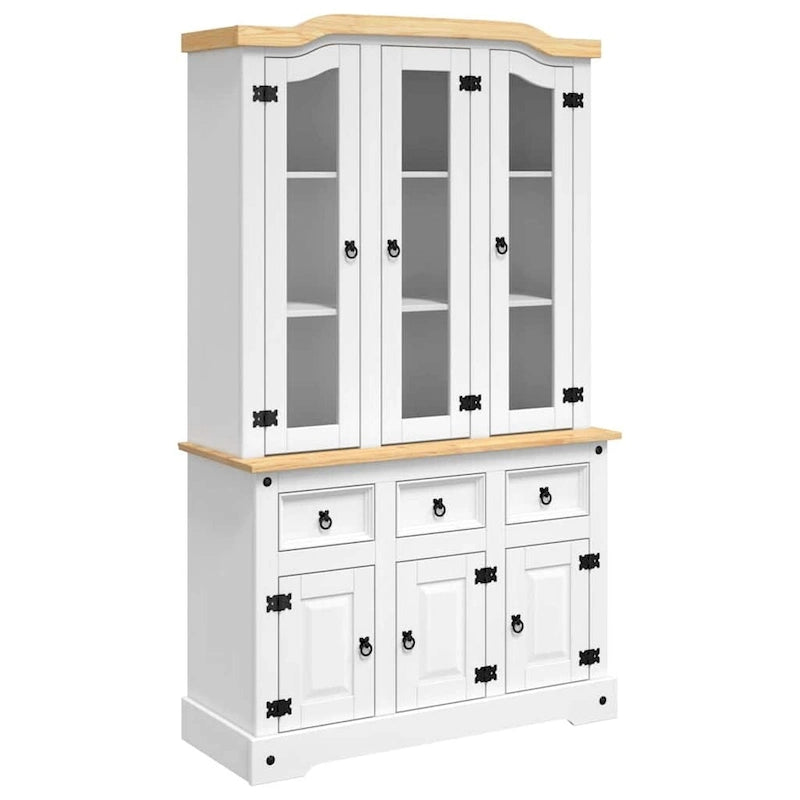 White Pine Wood Highboard Cabinet with Glass Doors and Drawers
